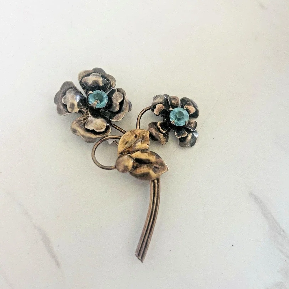 Carl Art 925 Sterling Silver‎ Brooch Floral Leaf Blue Rhinestones MCM Vintage